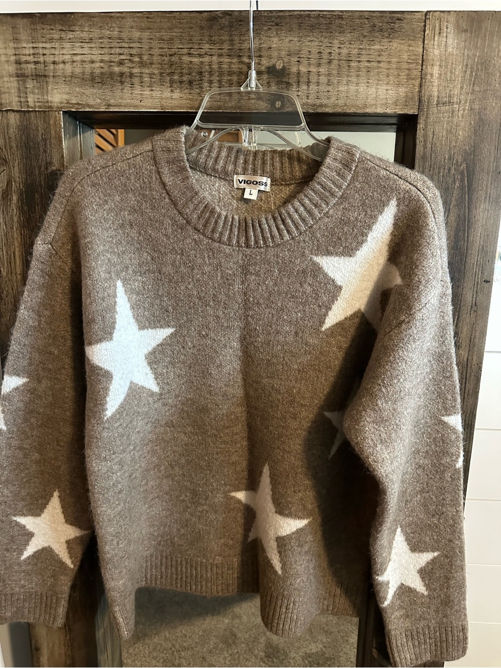 Vigoss Women’s L Brown Star Sweater Oversized Graphic Crewneck Cozy Knit